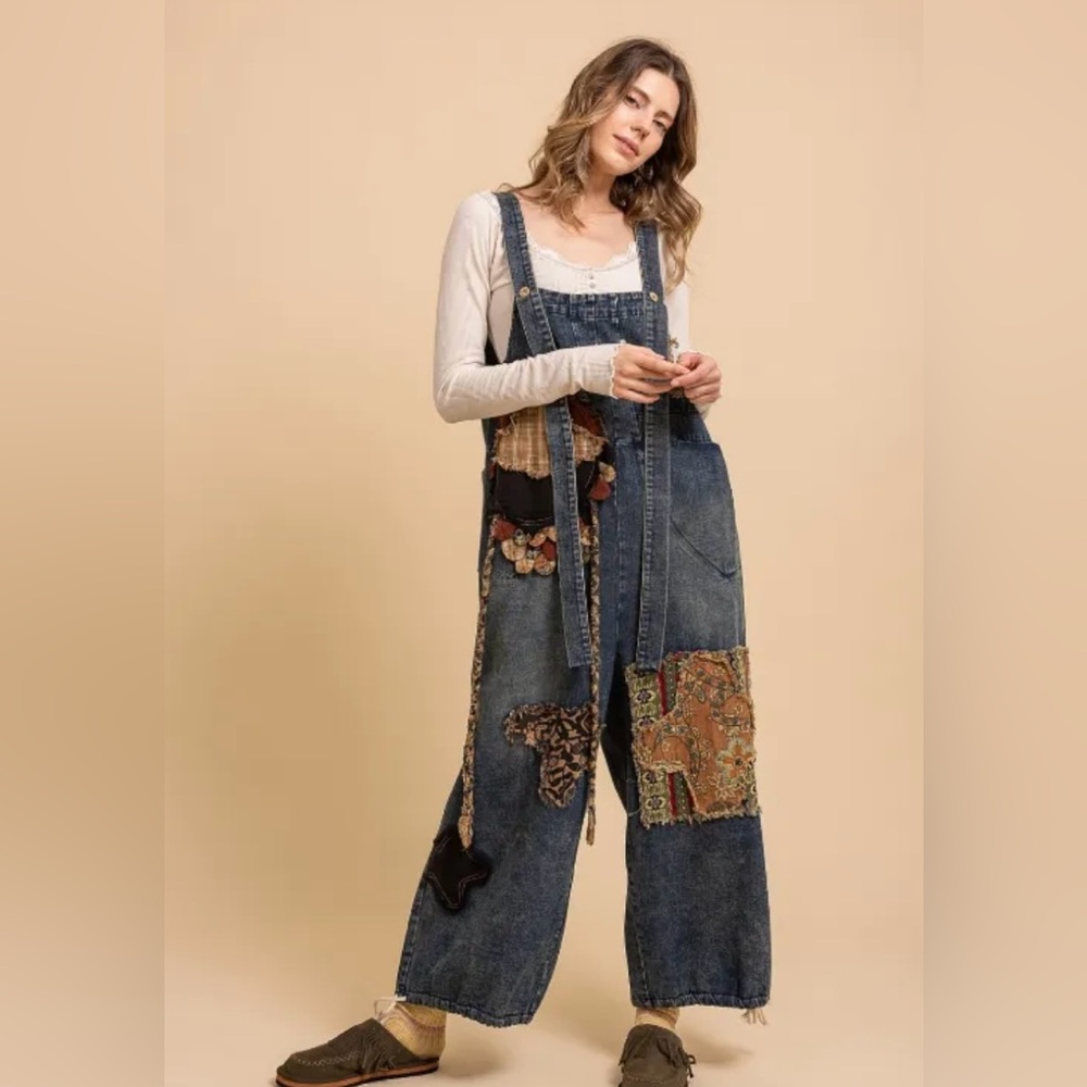 Boho Patchwork Denim Overalls NWT - image 3